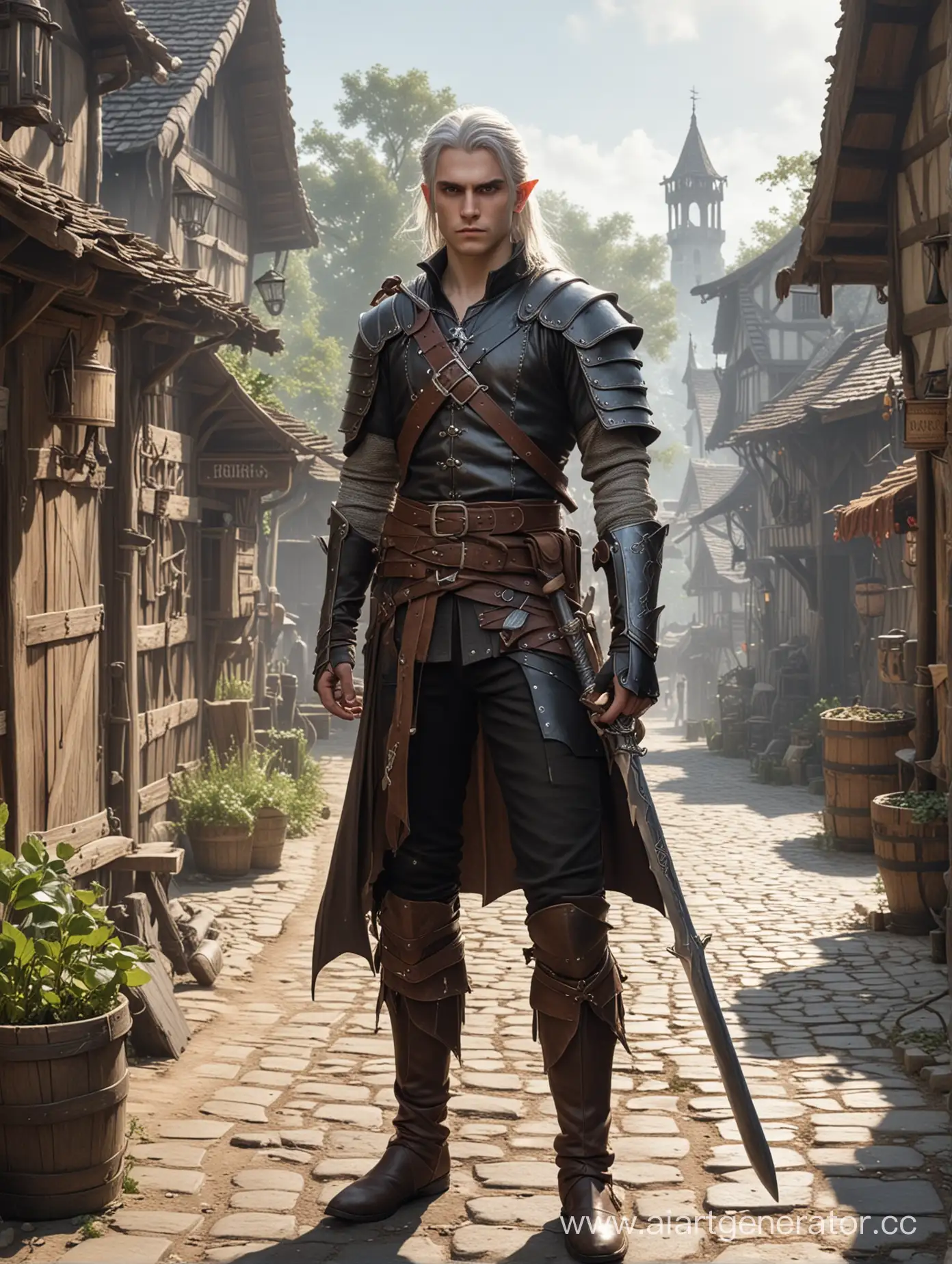 HalfElf-Witcher-in-Leather-Armor-Wielding-Pirate-Sword-Amid-Village
