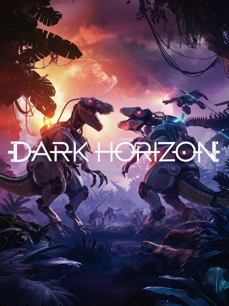 sci fi alien jungle dinosaur mechs VIDEO GAME LOGO COVER ART WITH THE LETTERS "dark horizon" ACROSS GAME COVER ART