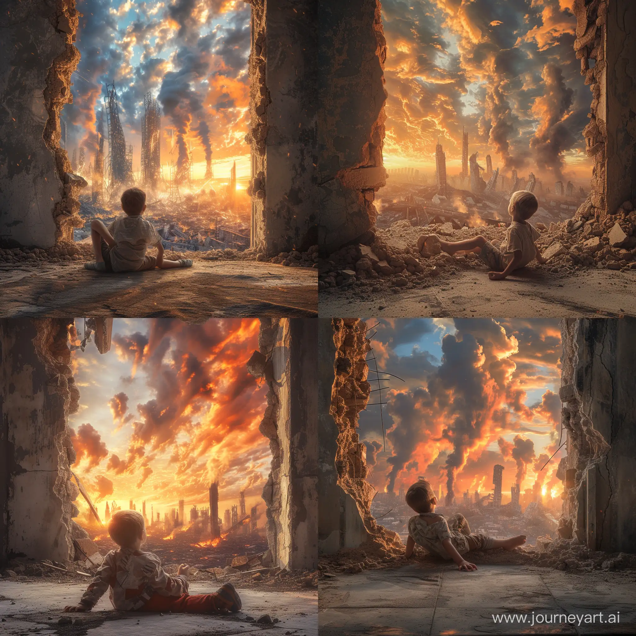 Realistic photo of a 10-year-old boy sitting on his back on the floor of an abandoned room, he is looking through a fallen wall at the city that is completely destroyed with columns of fire and smoke, sunrise, ragged clothes, epic sky, intricate details, Annie Leibovitz style of photography, lots of contrast, dirt, natural light, sunny, apocalyptic, HDR, ray tracing, 8k