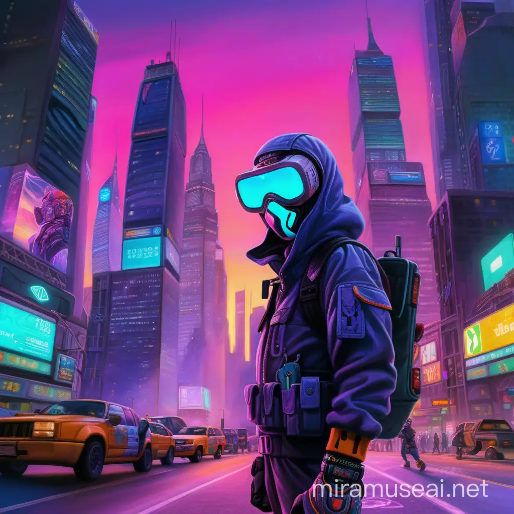 A digital painting depicting an urban explorer standing in the middle of a bustling street, with skyscrapers towering around them. In the background, the twilight sky radiates mesmerizing colors, while city lights begin to flicker on one by one. The explorer wears futuristic clothing with striking neon accents, while their face is covered with a cyberpunk mask, with eyes emanating curiosity and bravery.A digital painting depicting an urban explorer standing in the middle of a bustling street, with skyscrapers towering around them. In the background, the twilight sky radiates mesmerizing colors, while city lights begin to flicker on one by one. The explorer wears futuristic clothing with striking neon accents, while their face is covered with a cyberpunk mask, with eyes emanating curiosity and bravery.
