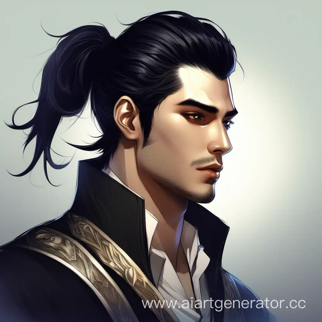 man with black hair in a ponytail, handsome, young, art, fantasy style, stubble, portrait style