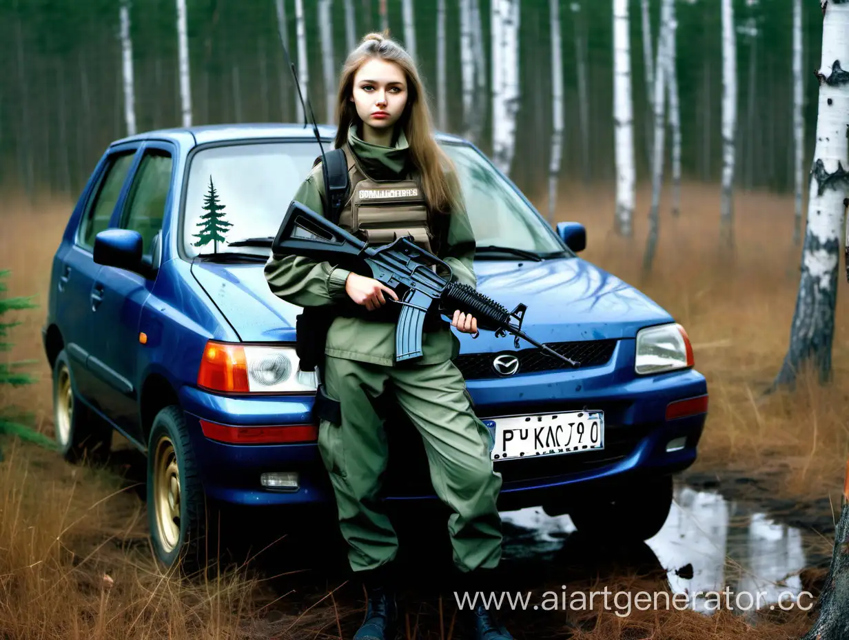 Short-Stature-Russian-Girl-in-Tactical-Military-Uniform-with-Kalashnikov-Rifle-by-Vintage-Mazda-Demio-in-Forest-Setting
