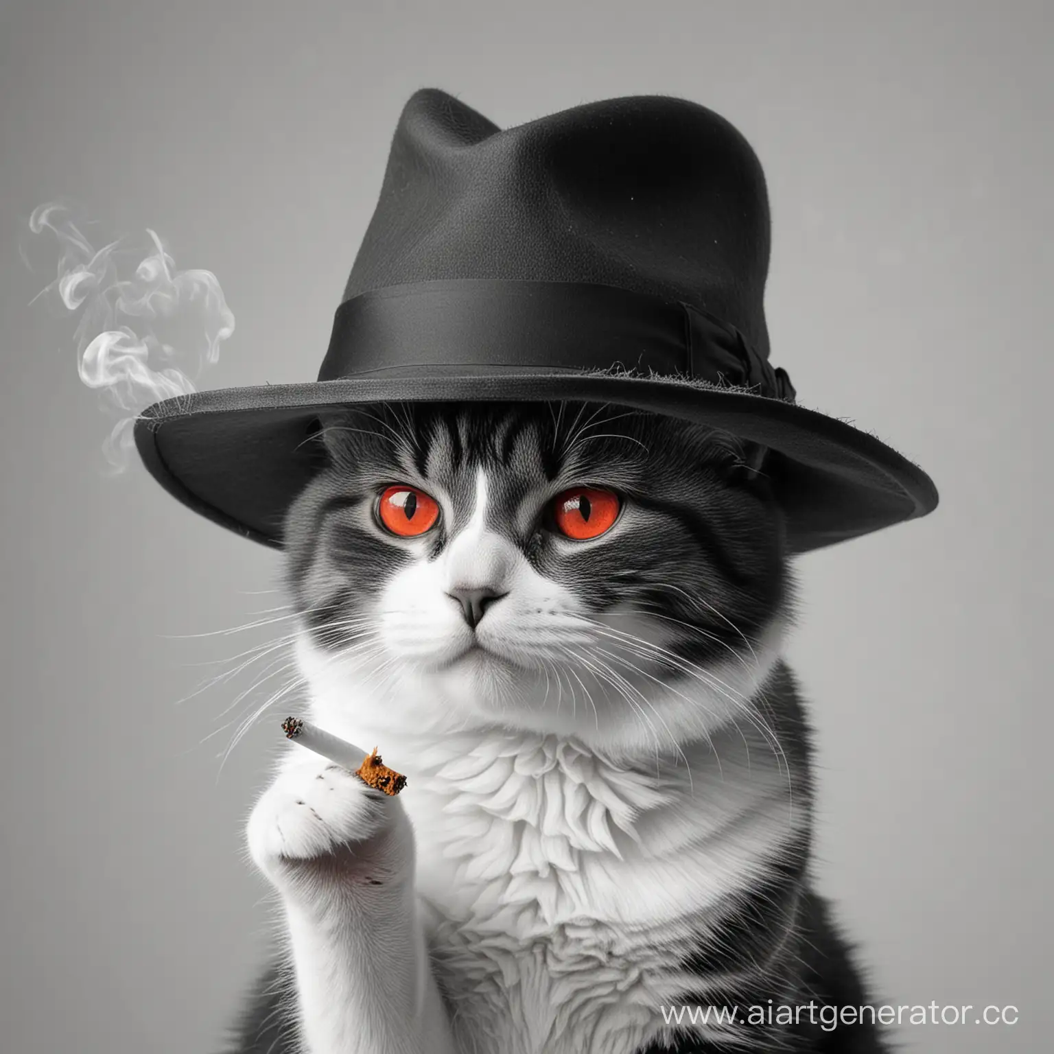 Злобный кот в широкополой шляпе, курящий сигарету, 4k, чёрно белый, светлый фон, добавить красного в глаза