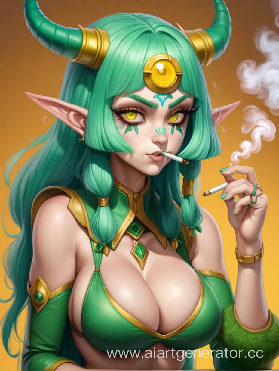 Fantasy-Girl-Cyclope-Smoking-with-Yellow-Eye-and-Green-Hair