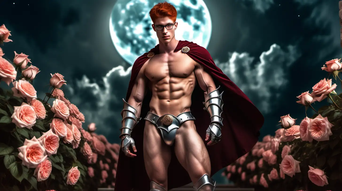 Muscular Redhead Knight in Moonlit Rose Garden