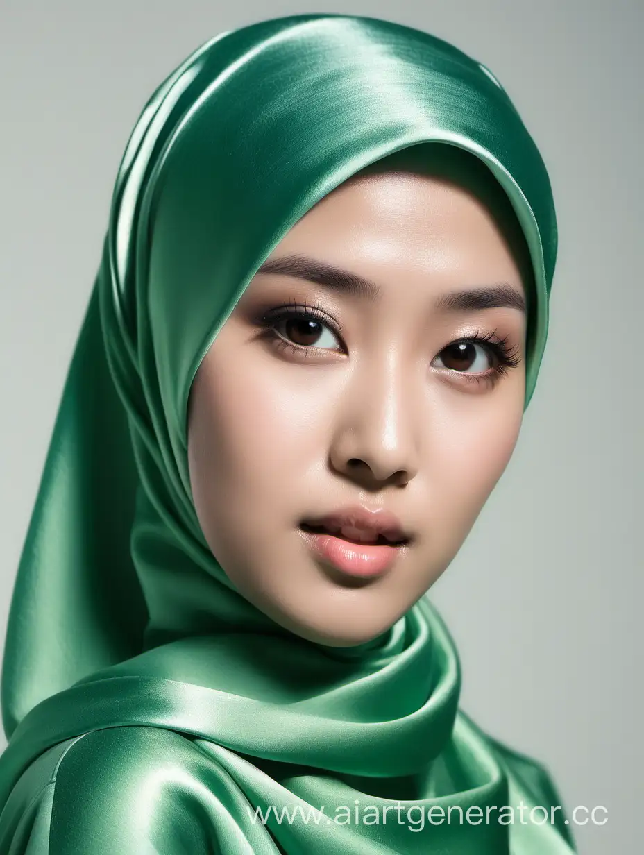Девушка азиатской внешности, атласный хиджаб зеленого цвета