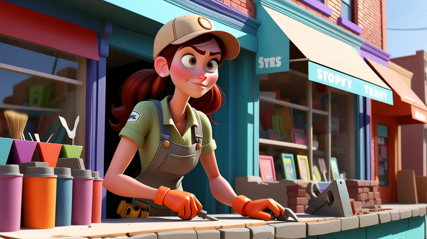female contractor working on repairs to a store in a small town row of stores colorful, pixar style, no watermark