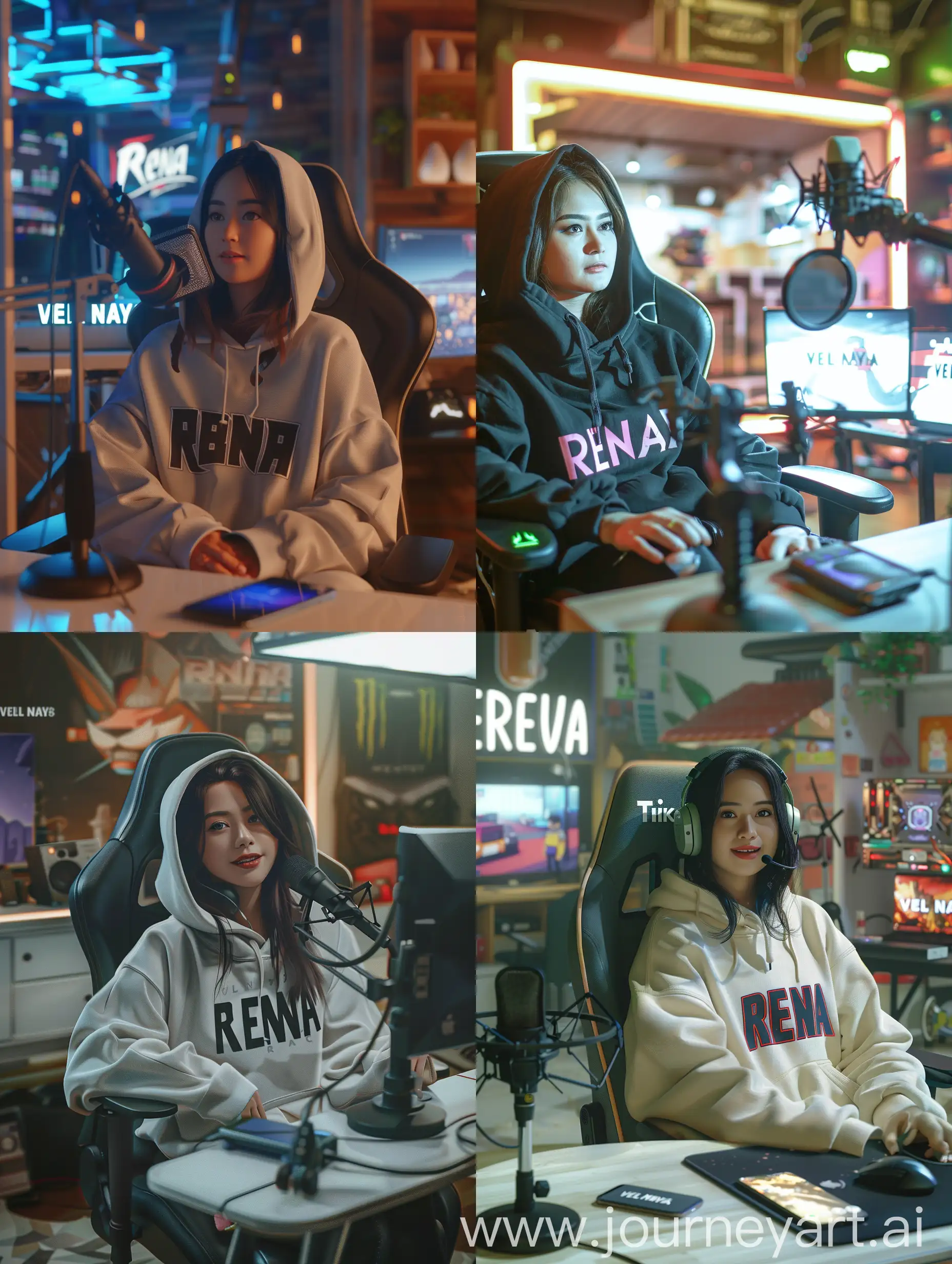 A 32-year-old Indonesian woman is making a podcast on the Tik Tok application, sitting in a gaming chair wearing a 'RENA' hoodie. In front of him is a microphone and an Apple phone on a table, with a realistic HD background of a room with the words 'VEL NAYS' written on it.
