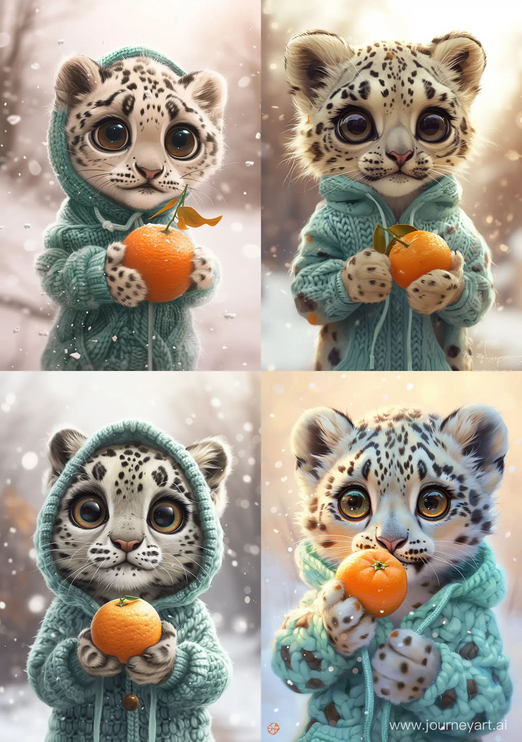 Adorable-Snow-Leopard-with-Tangerine-in-Mint-Hoodie