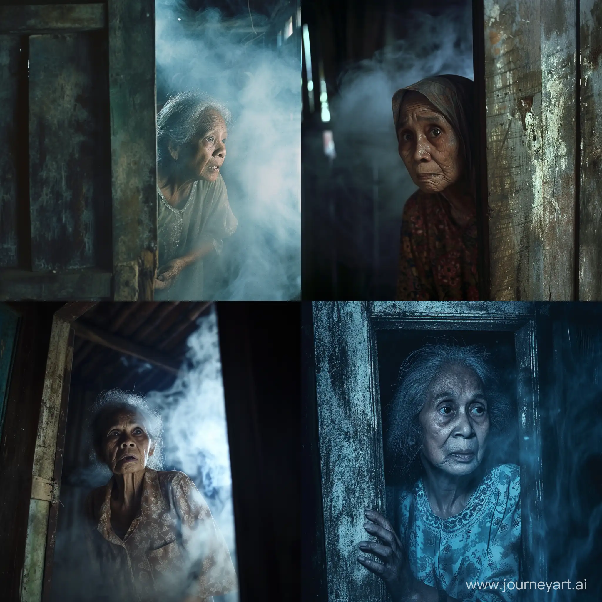 The ghost of an old Indonesian woman appears from a dirty house warehouse, horor movie scene