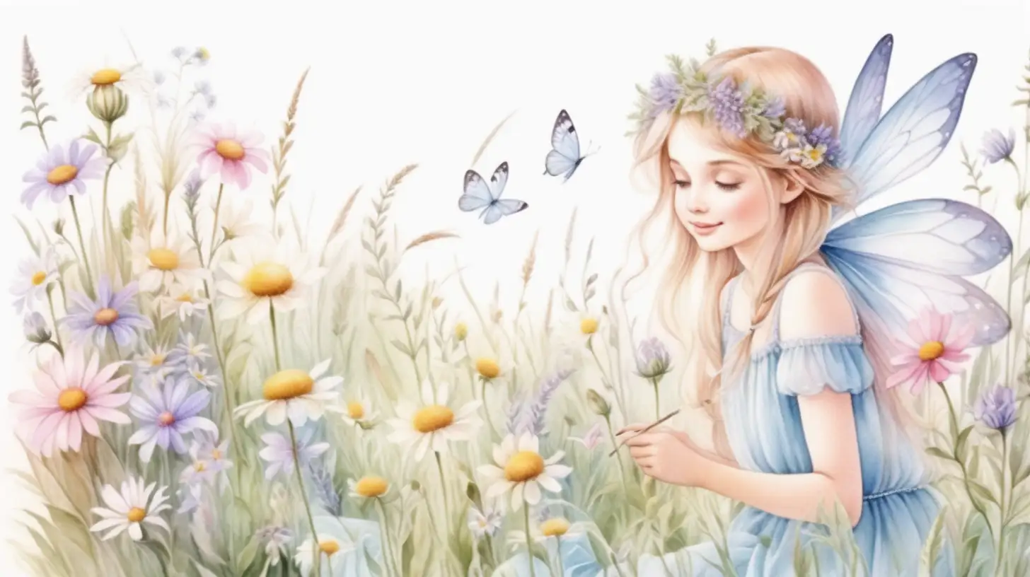 Enchanting Fairy amidst Meadow Flowers Captivating Watercolor Illustration