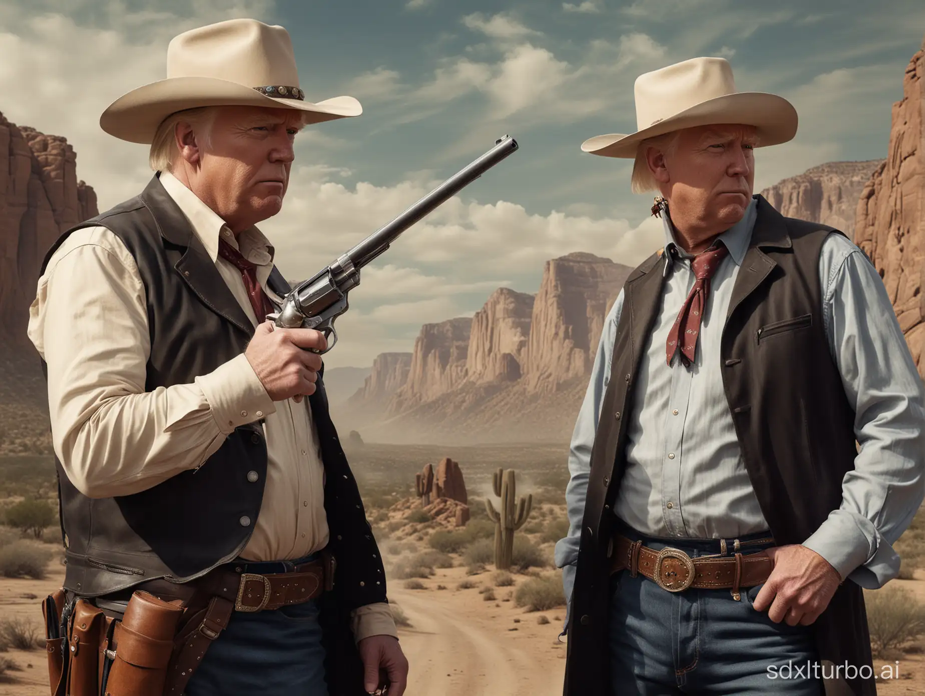 An extremely photo realistic cowboy western  image of Donald Trump and Joe Biden dressed as gun slingers about to face each other off in a Hollywood style gunfight duel.