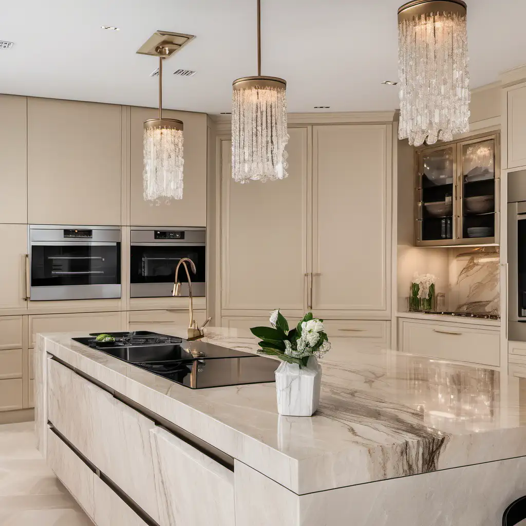 Luxury beige kitchen with waterfall island, marble beige. Crystal pendant