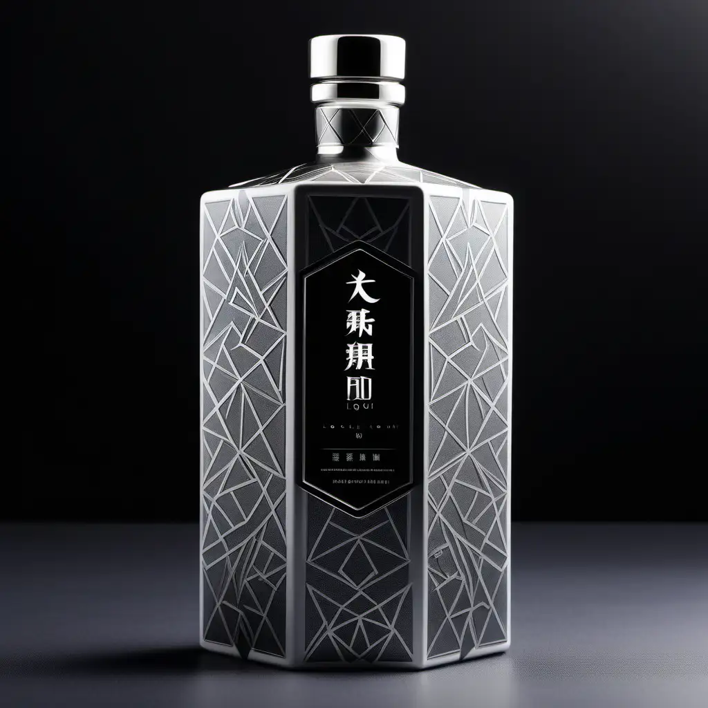 Modern health liquor packaging design, high end liquor, 500 ml ceramic bottle, photograph images, high details, silver and black geometric texture, brand name is 玖莼
