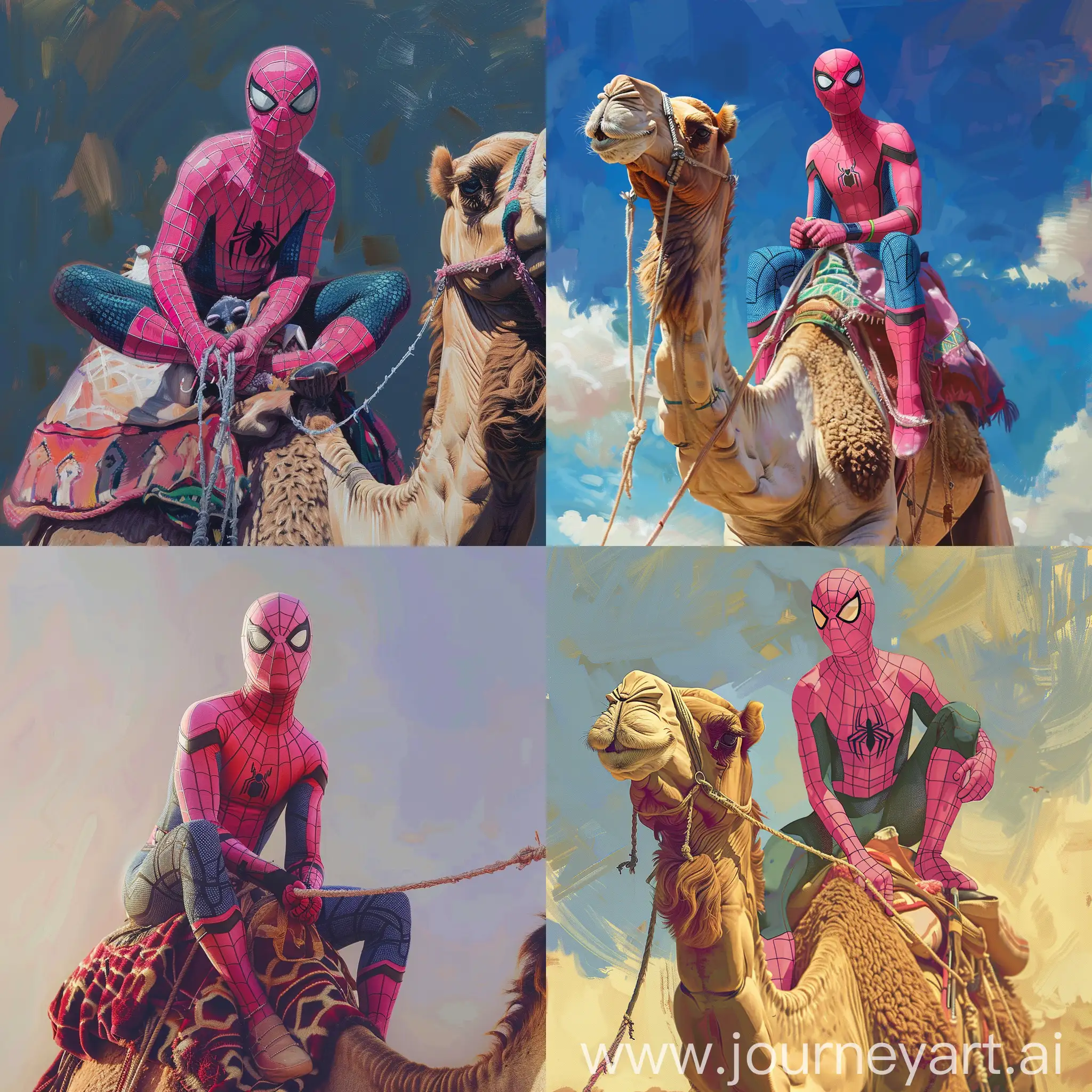pink spiderman siting on the camel