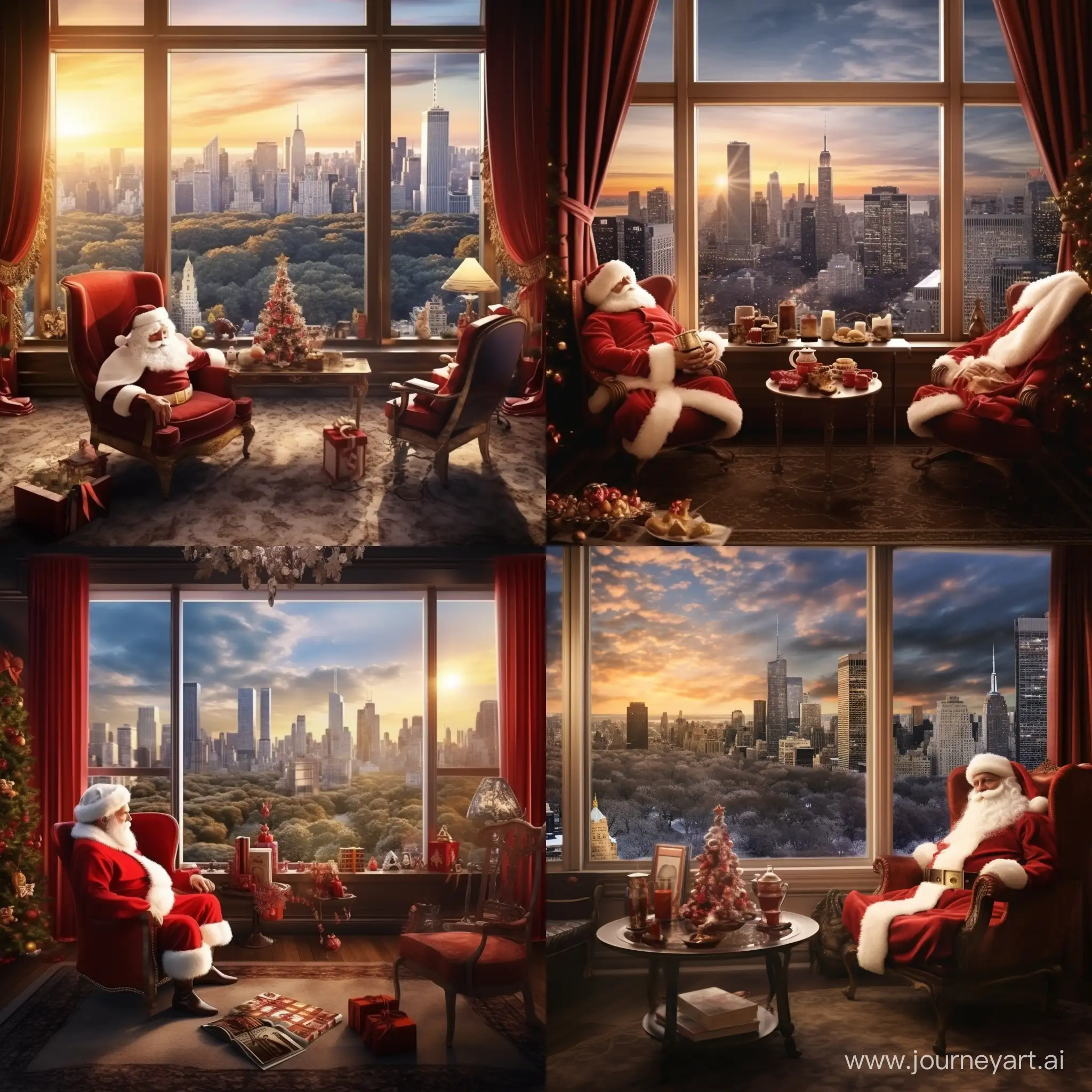 Santa Claus is sitting on an armchair near the fireplace behind a large panoramic window overlooking Central Park in Manhattan hyperrealistic zoom