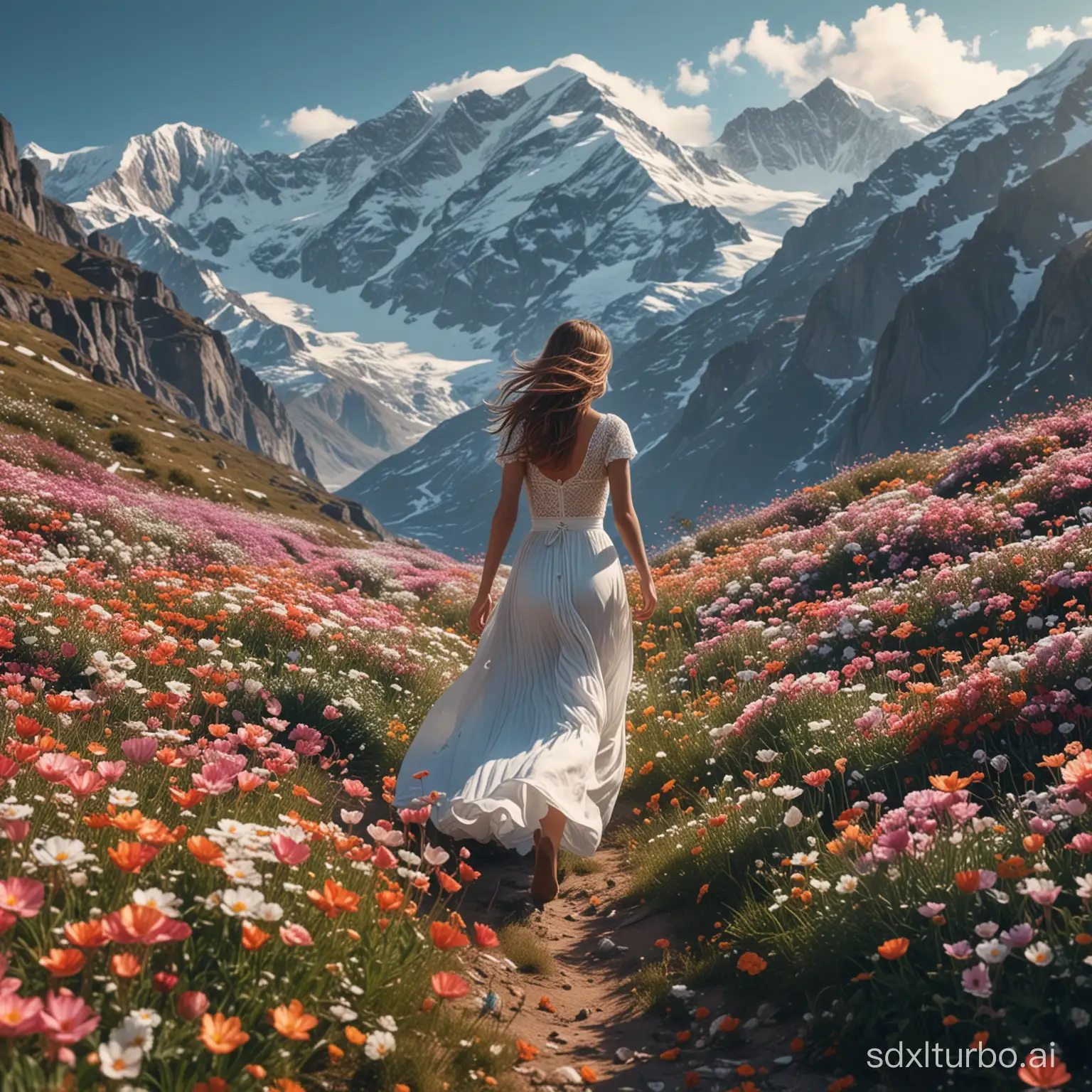 Under the majestic snow-capped mountains, amidst an endless sea of flowers, a beautiful girl in a long skirt is running into the distance, captured by a telephoto lens, in 8K wallpaper quality, with a scene full of details and unparalleled beauty.