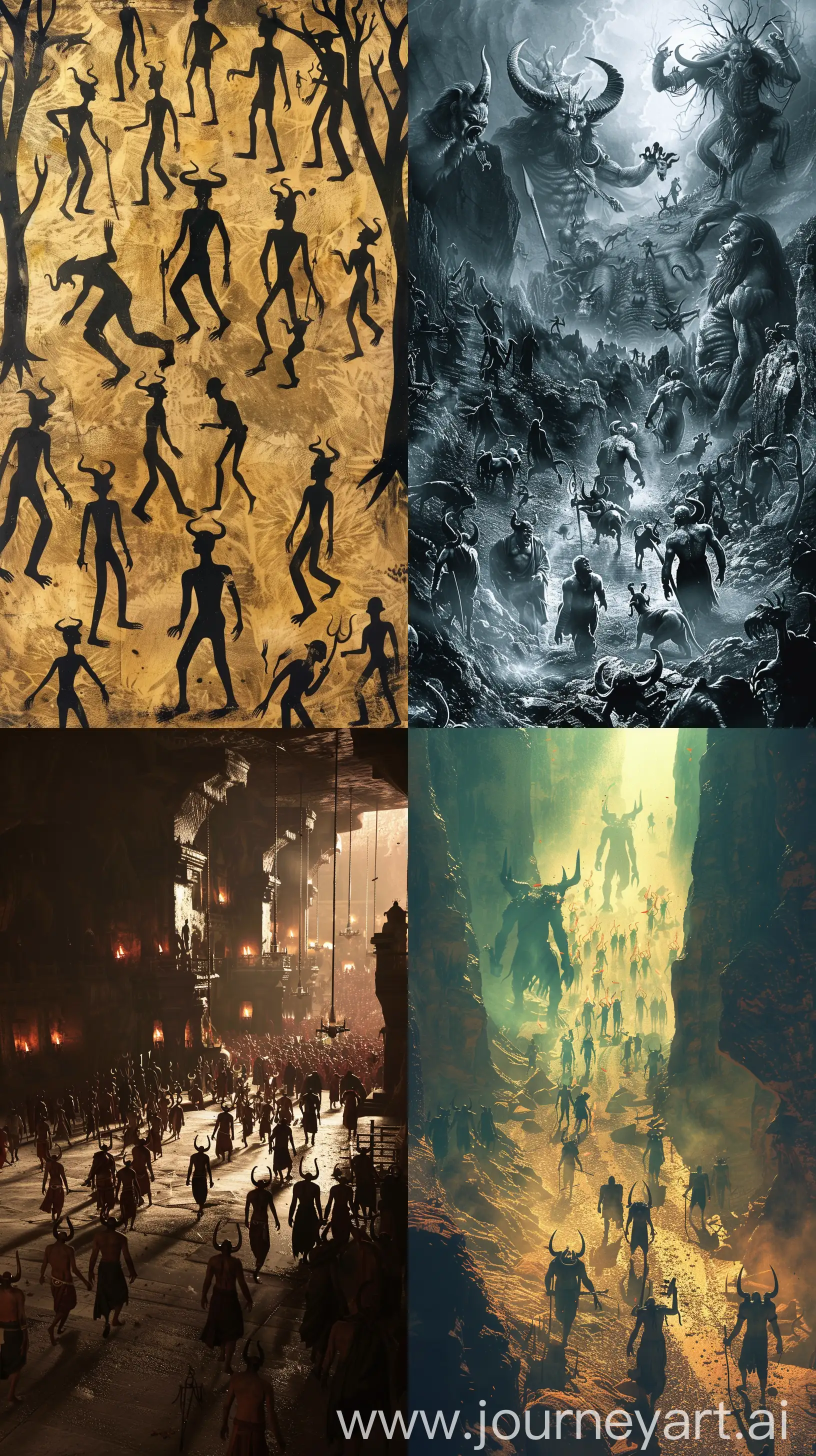 Depiction of the underworld from ancient Hindu texts, demons in the form of humans walking around, having horns, some giant demons, some normal sized, intricate details, 8k quality images  dim cinematic lighting --ar 9:16 --c 20