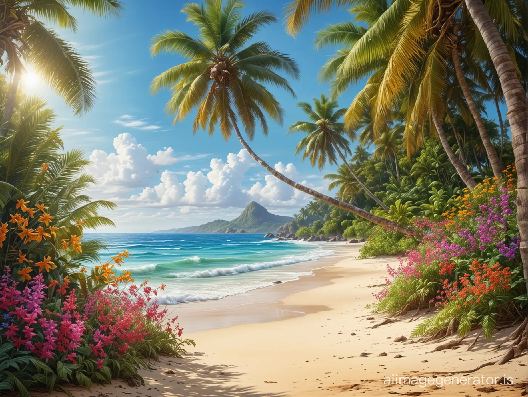 Tropical beach landscape with tropical wild flowers, coconut tree, sunny day, realistic photo, detailed painting, deep color, natural