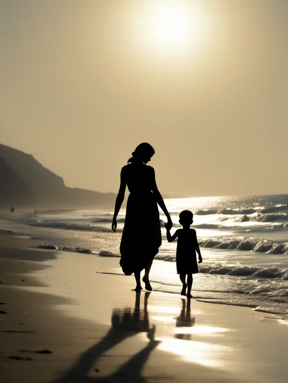Subject: An extreme long shot of a beach with the silhouette of a woman holding a small boy. The woman is wearing a sundress and is barefoot, and the woman and the boy are both shot from the back.
Setting/Background: A vast beach and sea line
Style/Coloring: suspense style
Action/Items: It is summer, but the picture is foreboding
Costume/Appearance: She is thin and her dress is simple. The boy is 5 years old.