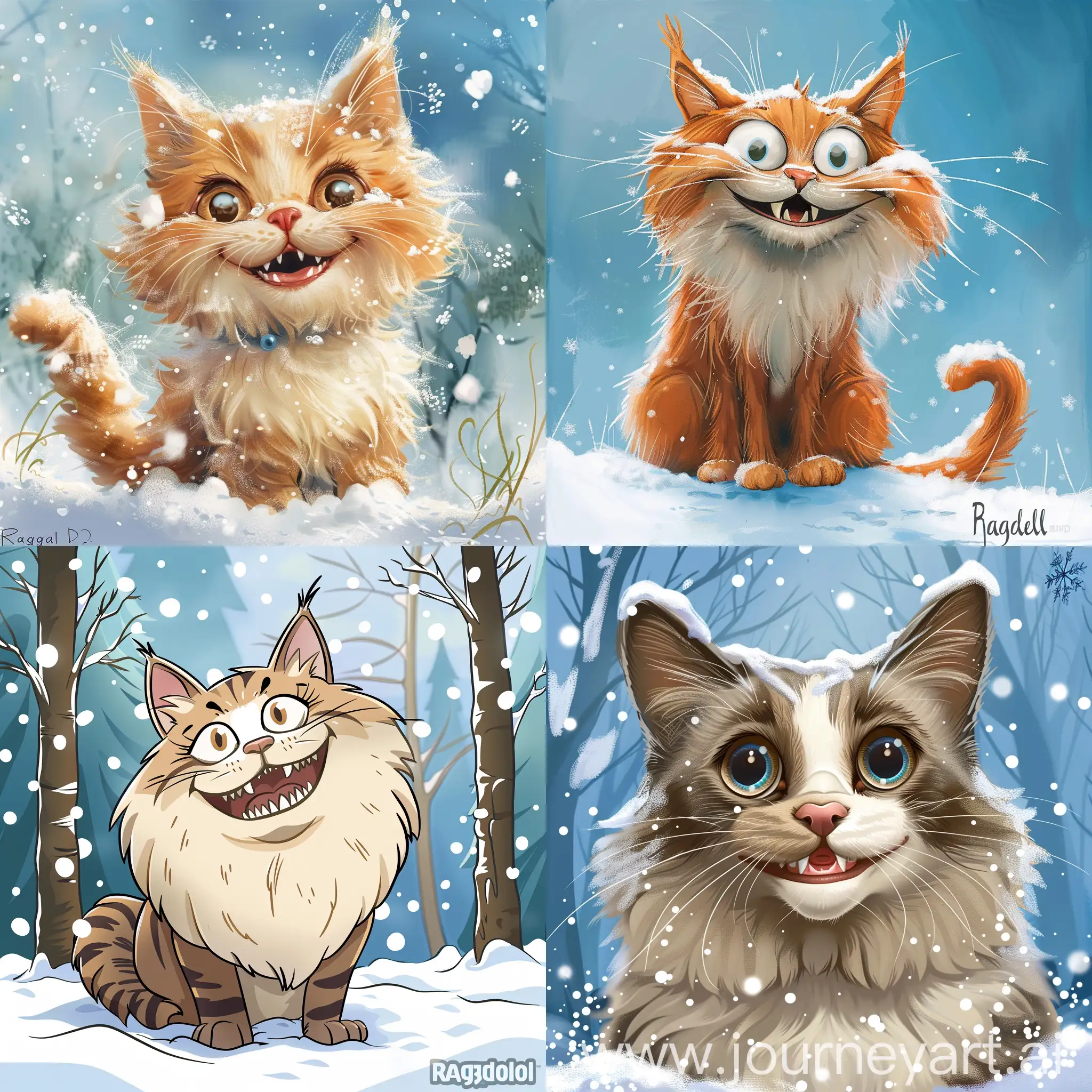 Raggdol cat, smiling, cartoon, snow
