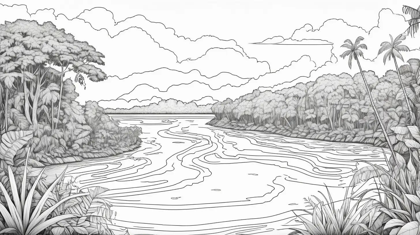Serene Amazon River Coloring Page for Relaxation and Creativity
