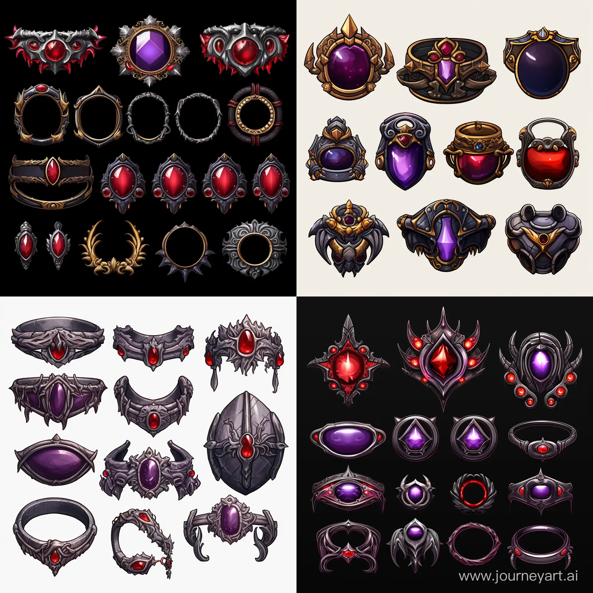 item spritesheet, masks rings scrolls chests only black red white purple colors