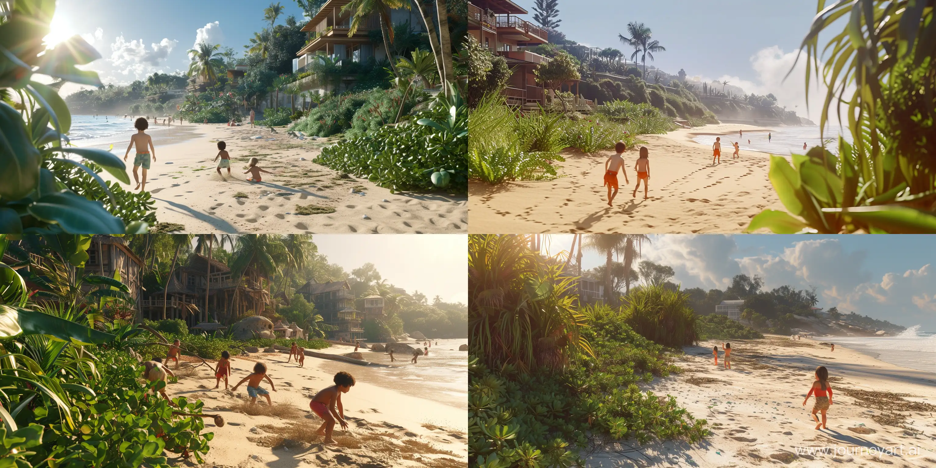 children playing on the beach, with vegetation to the side and some buildings beyond; sunny day; close up; using all the graphics, lighting, design and scenery techniques of the most hyper realistic and current animations and games of the last generation; absurd ray tracing technique; appear to be incredible 4k animation and HDR; absurd details; better CGI; --ar 2:1 --v 6.0 --style raw