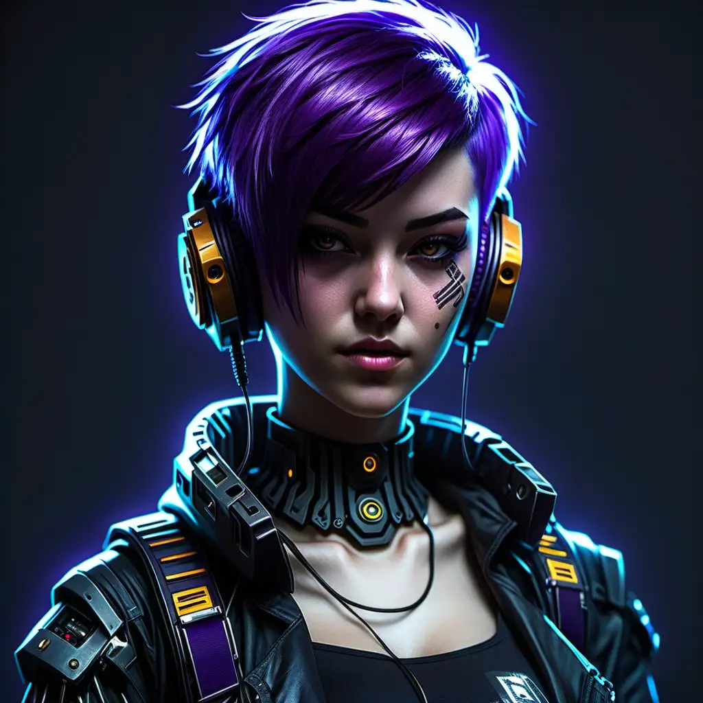 Create a cyberpunk girl with purple short hair who plays a console game