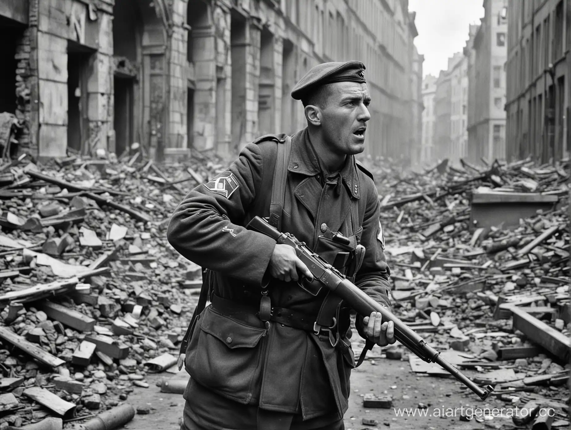 Раненый солдат держит пистолет направленный на вражеского генерала, разваленный Берлин в 1945 году, черно-белый цвет.