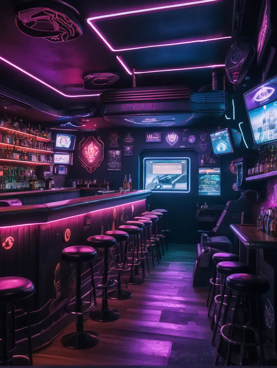 L’interno di un pub in stile cyberpunk con atmosfera cupa e futuristica