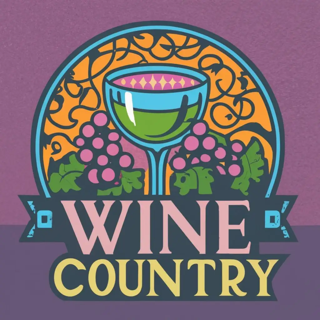 Design a modern aesthetic emblem for "Wine Country Warehouse." Incorporate a royal chalice wine glass full of wine and grape field in vector art. Emphasize a modern vibe with stylish typography. Create a versatile insignia suitable for retail use, reflecting elegance and the essence of wine country culture.