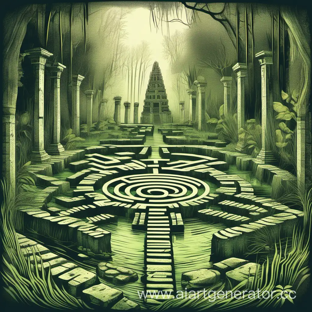 Ruins of ancient temple labyrinth, in swamp, engraving style