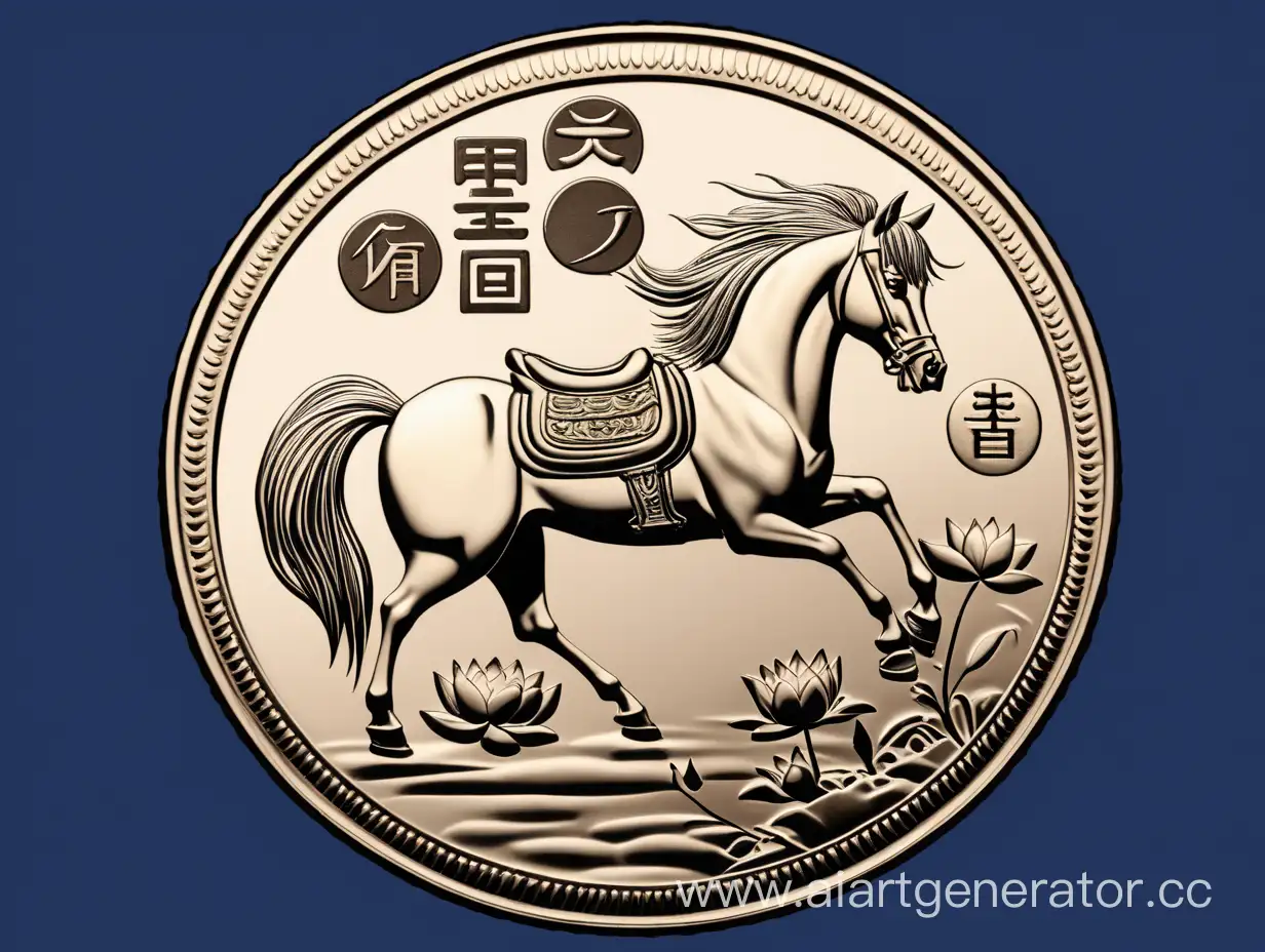 Монета острова Ниппон с символом лотус и конь