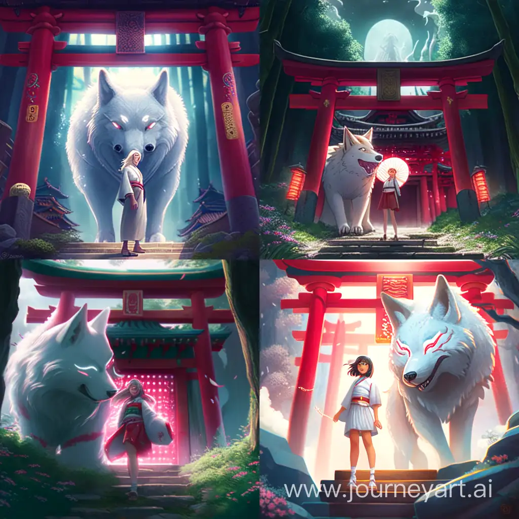 A girl in traditional japanese clothing, with white wolf beside her, standing in front of a a magical torri shrine, artgerm, by Studio Ghibli