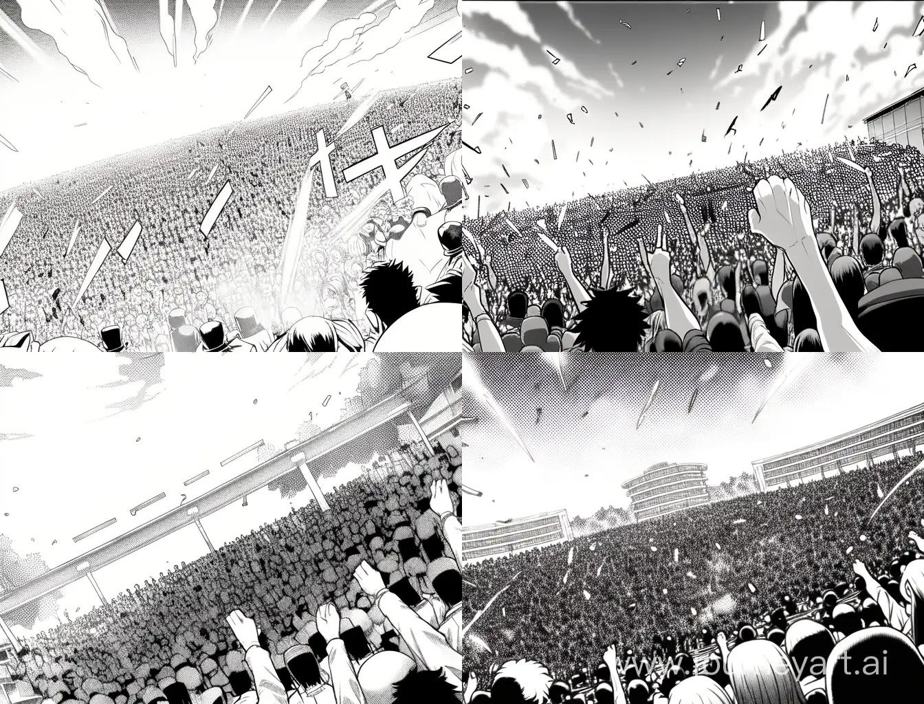 Manga panel, best quality, worms eye view of hundreds of people getting sucked into the sky 