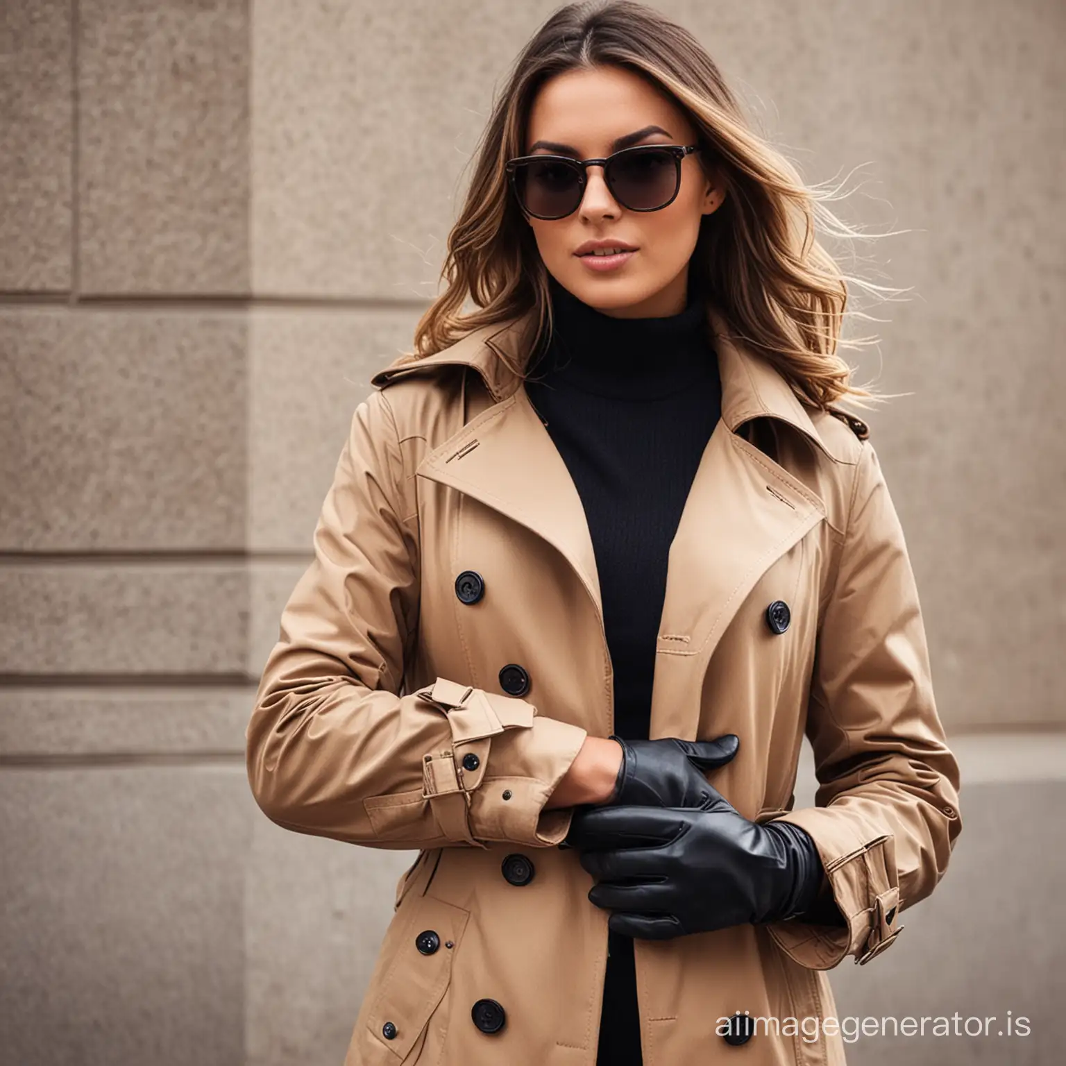 Fashionable-Woman-in-Trench-Coat-with-Leather-Gloves-and-Sunglasses