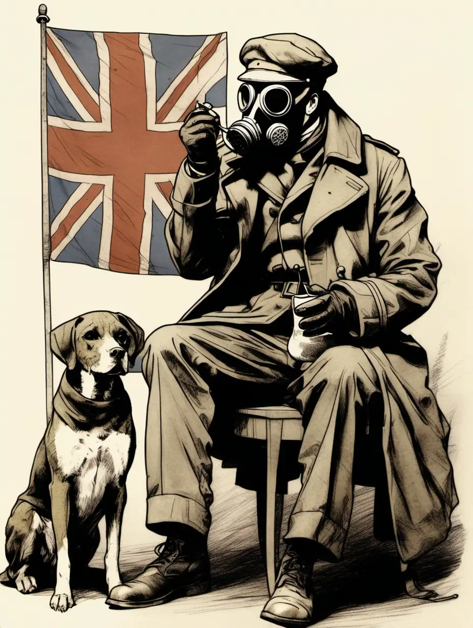 Gas mask soldier wearing overcoat and military flat cap sitting down drinking tea with dog and flag in the background sketch