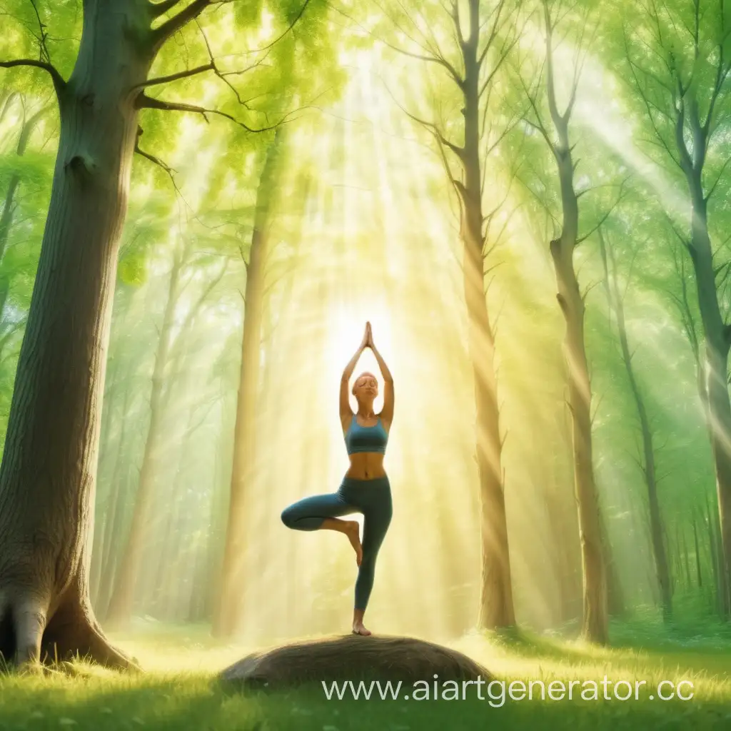 девушка йогиня в позе дерева в красивом весеннем лесу пробуждается под лучами солнца становится красивой, молодой энергичной и здоровой 