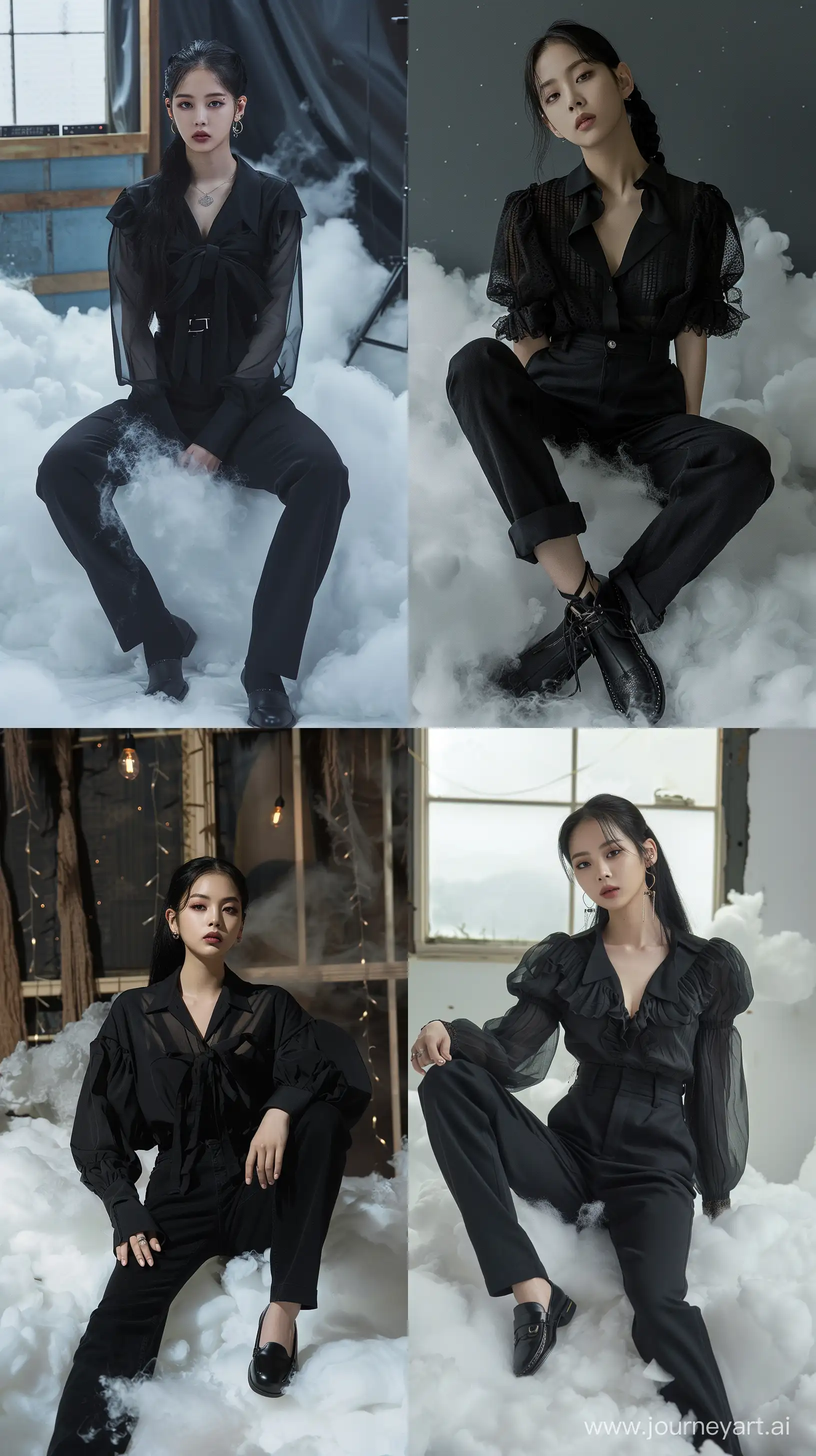 High resolution fashion photo of jennie blackpink's full body shot, wearing black pants and black oversize blouse with black loafer shoes sit on cloud,nature studio set,vogue megazine, pigtail black hair,minimalism,in the style of jennie, mysterious nocturnal scenes,fuji film, album covers, flickr --ar 9:16 --style raw --stylize 250 --v 6