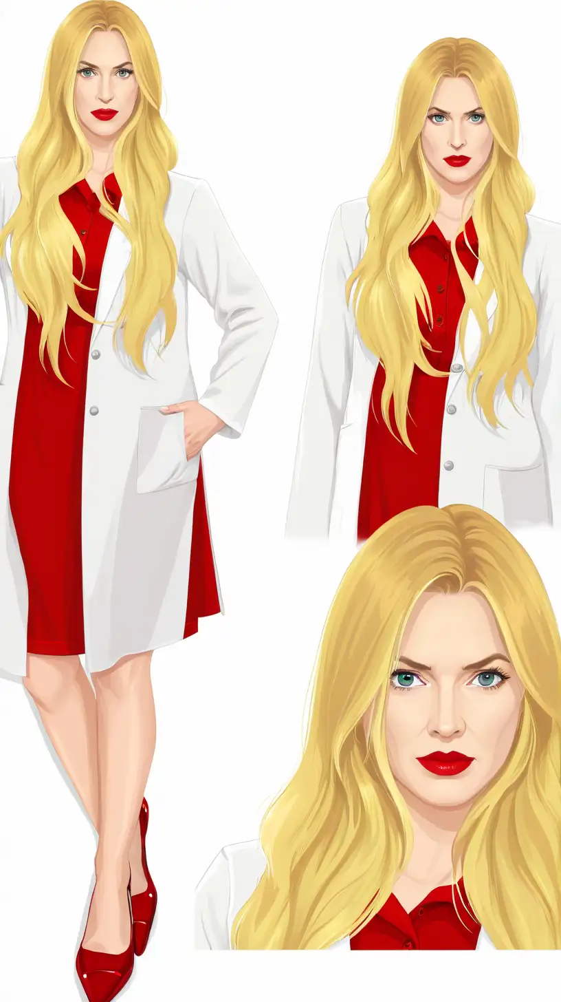 professora de química com cabelos longos loiros naturais, expressão marcante e séria, batom vermelho combinando com sua roupa vermelha  e seu jaleco branco. Seus olhos são cor de mel e ela possui um nariz grande