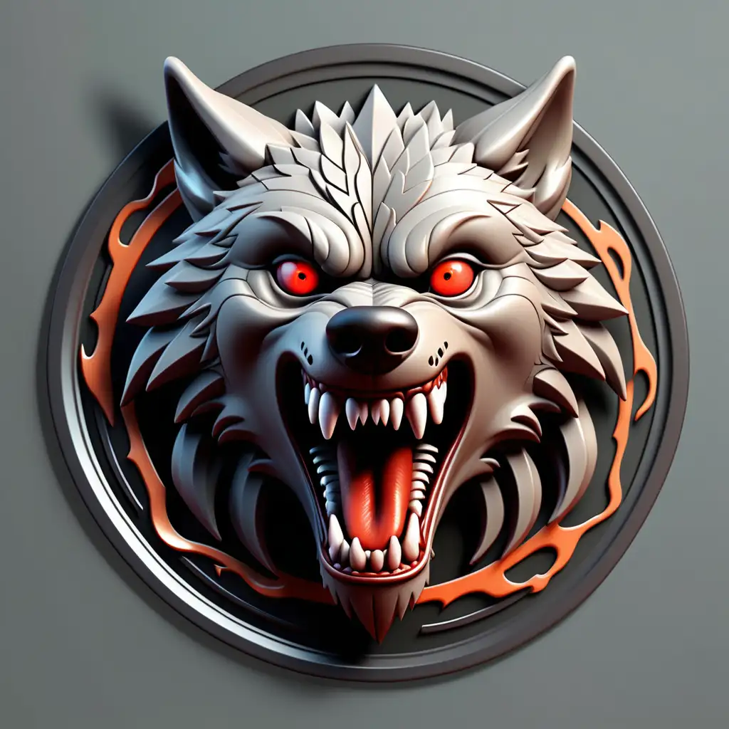 A impressive 3D terrifying wolf design coming out of a circle, sticker style, ultra detailed