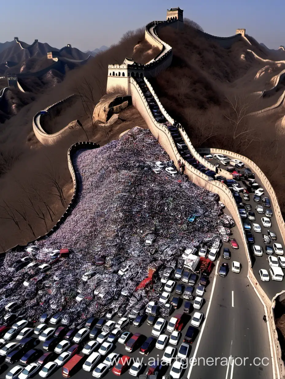 /imagine огромная свалка рядом с Великой китайской стеной, везде разбросаны машины --v 6