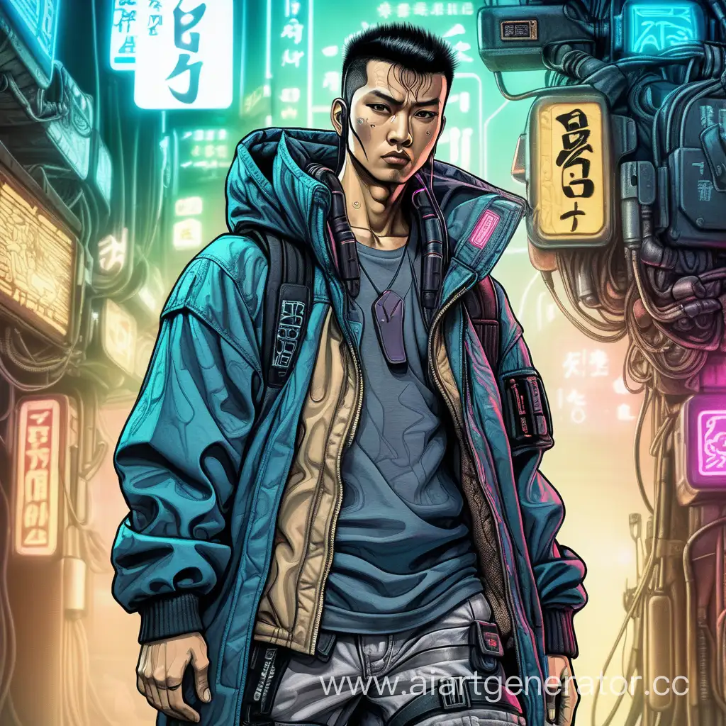 art comics style 
Asian man cyberpunk style blade runner in baggy clothes  