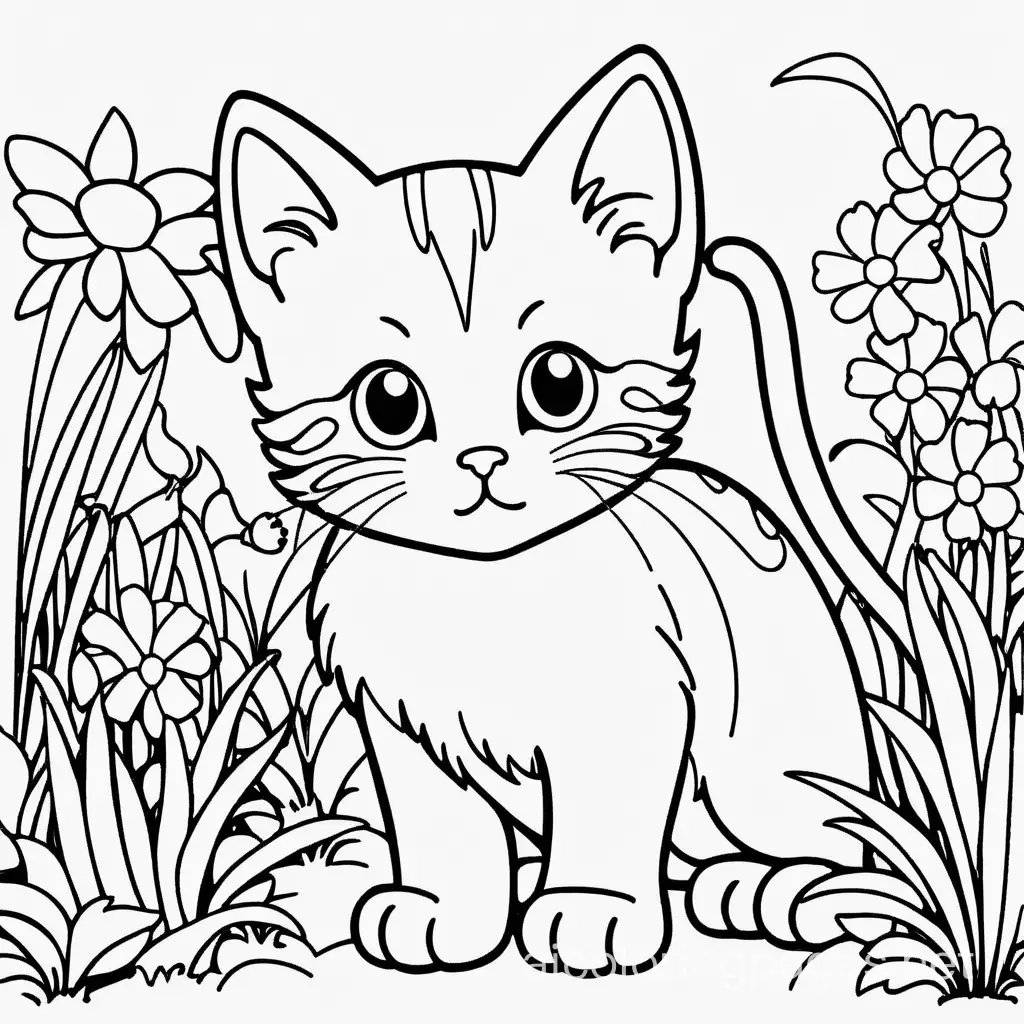 simple coloring page , kitten play in the garden , Coloring Page, black and white, line art, white background, Simplicity, Ample White Space. The background of the coloring page is plain white to make it easy for young children to color within the lines. The outlines of all the subjects are easy to distinguish, making it simple for kids to color without too much difficulty