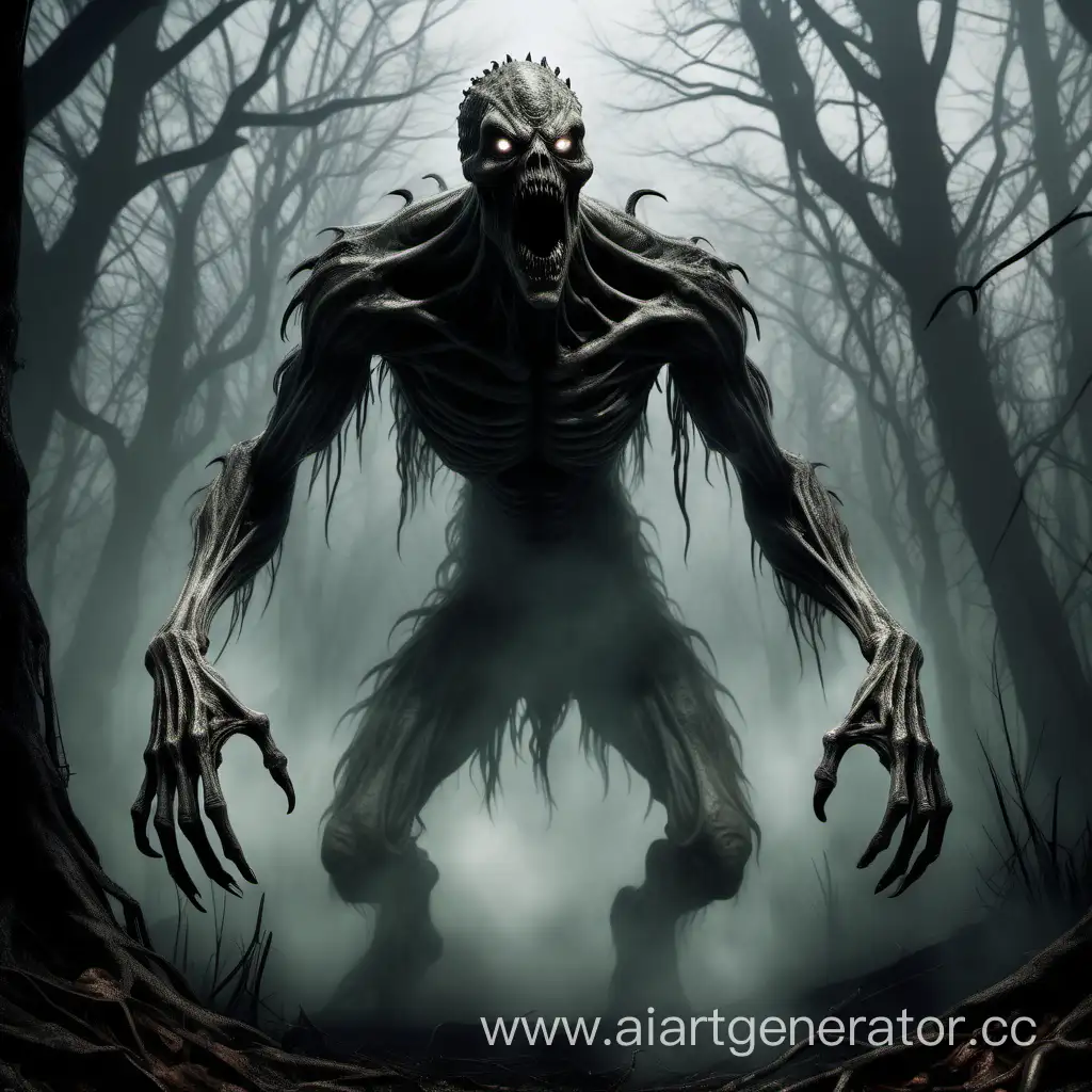 Create a A realistic depiction of a monstrous creature, designed to be both terrifying and fantastical. The monster has a large, muscular body, covered in thick, scaly skin that resembles a combination of reptilian and amphibian textures. Its head is large with sharp, angular features, including deep-set, glowing eyes and a mouth filled with razor-sharp teeth. It has long, powerful arms and legs, each ending in clawed hands and feet. The creature's back is adorned with a row of sharp, bony spikes that run down its spine, and it has a long, sinuous tail. The setting is a dark, eerie forest, with the monster emerging from the shadows, partially obscured by mist, adding to its menacing appearance. and unsettling ghost image. This ghost appears as a disturbing, spectral figure, with a gaunt, skeletal face and hollow, deep-set eyes that seem to stare unsettlingly at the viewer. Its form is semi-transparent, revealing a tattered, ghostly garb that hangs loosely on its emaciated frame. The ghost's hands are elongated and bony, reaching out as if to grasp something in the air. The background is a dark, foggy landscape, adding to the eerie atmosphere. Mist swirls around the ghost, partially obscuring its lower body, while the upper body is more defined, creating a sense of unease and mystery. The overall image should evoke a sense of dread and fear, typical of a haunting and creepy ghost appearance.