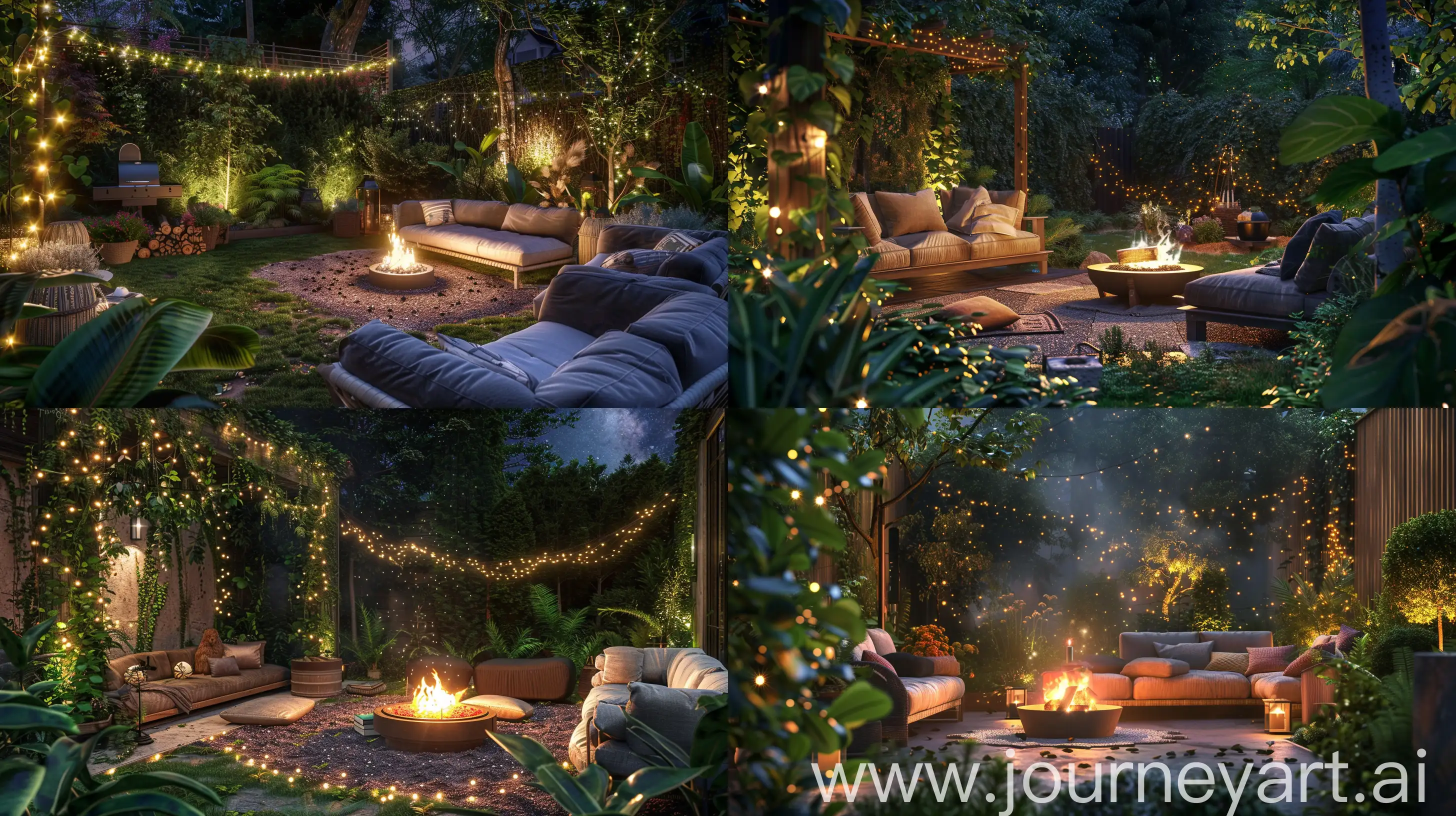 Step into an outdoor oasis in the backyard, where a cozy patio lounge beckons with plush seating and a crackling fire pit. Lush greenery surrounds the space, with twinkling fairy lights casting a warm glow under the starry night sky. --ar 16:9