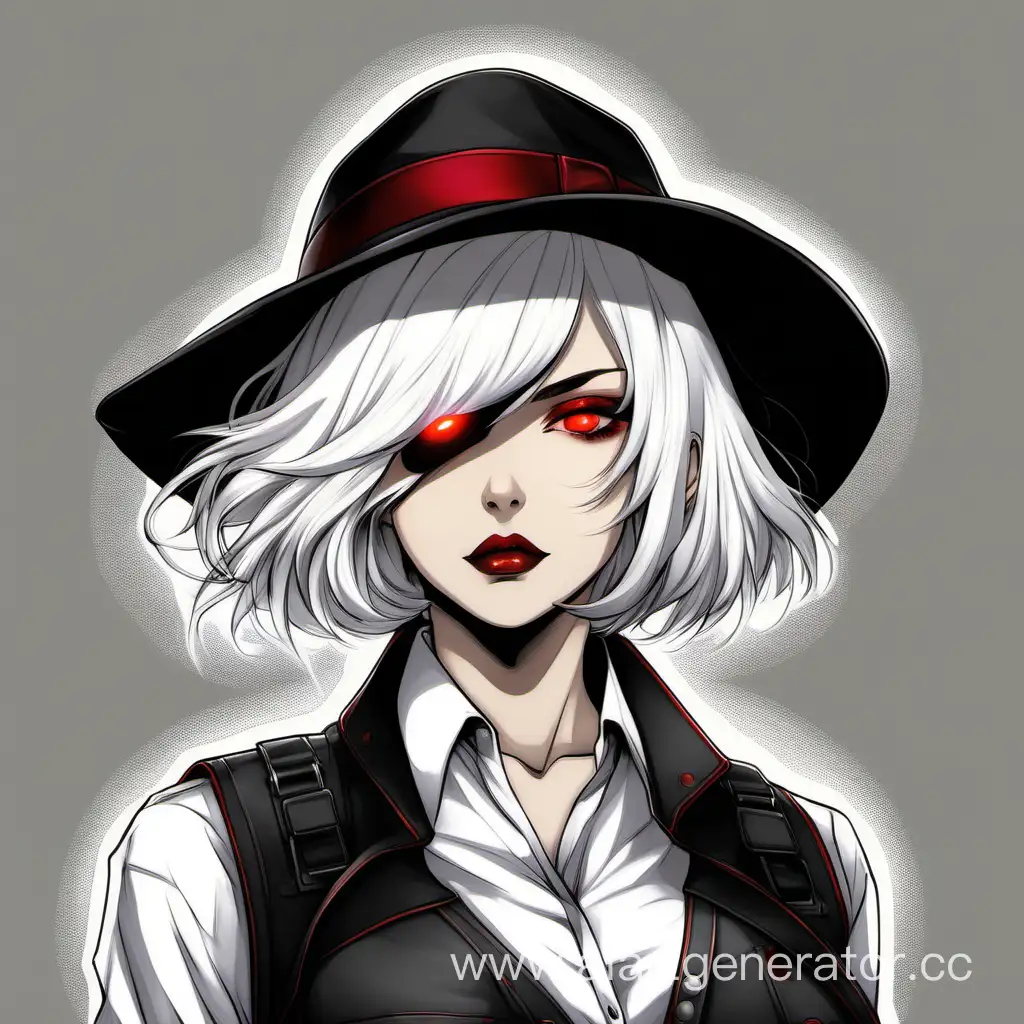 женщина, белые волосы, красные глаза, каре, в шляпе, стрелок, белая рубашка, черная жилетка, красные губы, стреляет