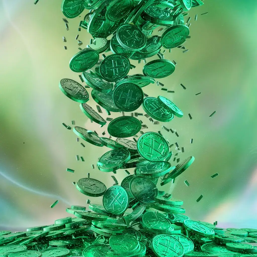 a beatifull coins in green are flying in the air
