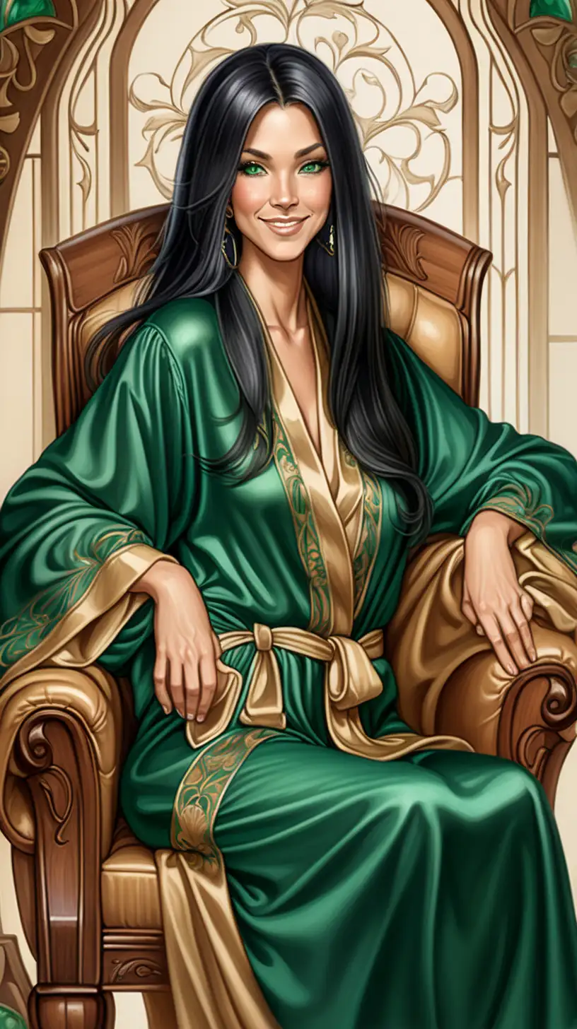 fantasy drawing style, full body, 40 years old dutch woman, with long black hair, light brown skin, detailed emerald green eyes, wearing an art nouveau shallow sea golden silk pijama robe, a mischievous smile on her face, sitting in a elegant wooden chair